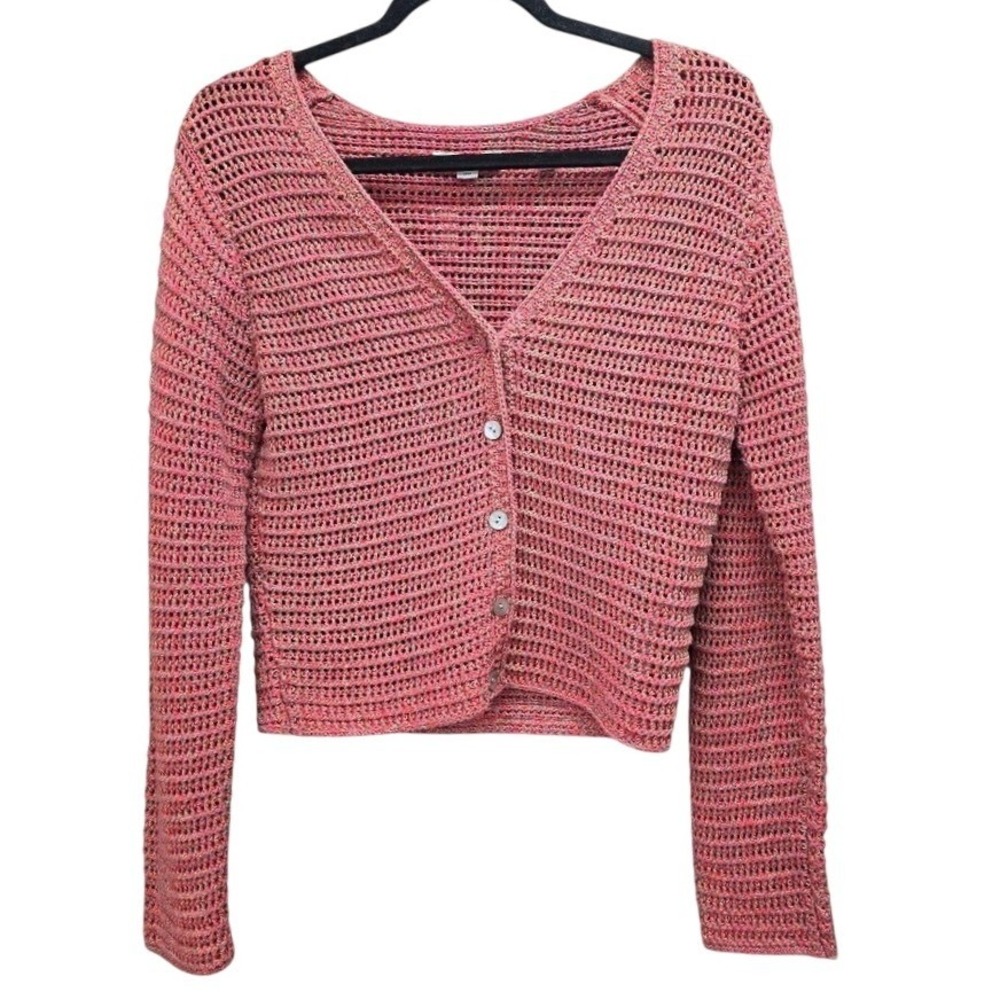 Vince Pink Orange Space Dye Cotton Open Knit Cardigan Sweater M V854779112